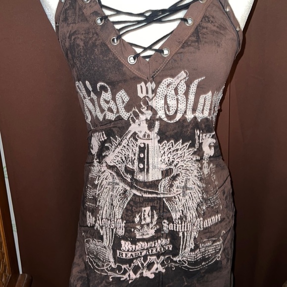 SALVAGE Brown Front Lace-up Mesh Back Dress Rhinestone Embellishments Large - Picture 2 of 10